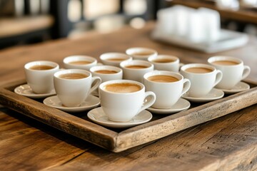 Wooden tray holds many small coffee cups.