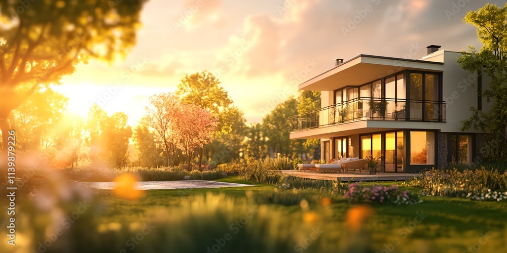 Poster a large house with a pool and a garden in front of it. the house is surrounded by trees and the sky 