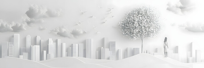 Fototapeta premium The person who knows. Tree, Achieve sustainable growth, World Environment Day. White eco urban city and nature landscape background paper art style.