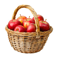 A wicker basket full of fresh fruits apples and lemons on a transparent background.