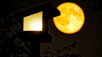 Illuminated Lantern Against Dramatic Full Moon in Night Sky