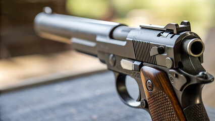 Handgun close-up, modern firearm design