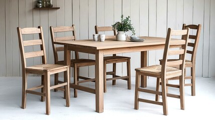 A wooden dining table surrounded by five matching chairs, set against a light-colored wooden wall, creating a warm and inviting atmosphere.