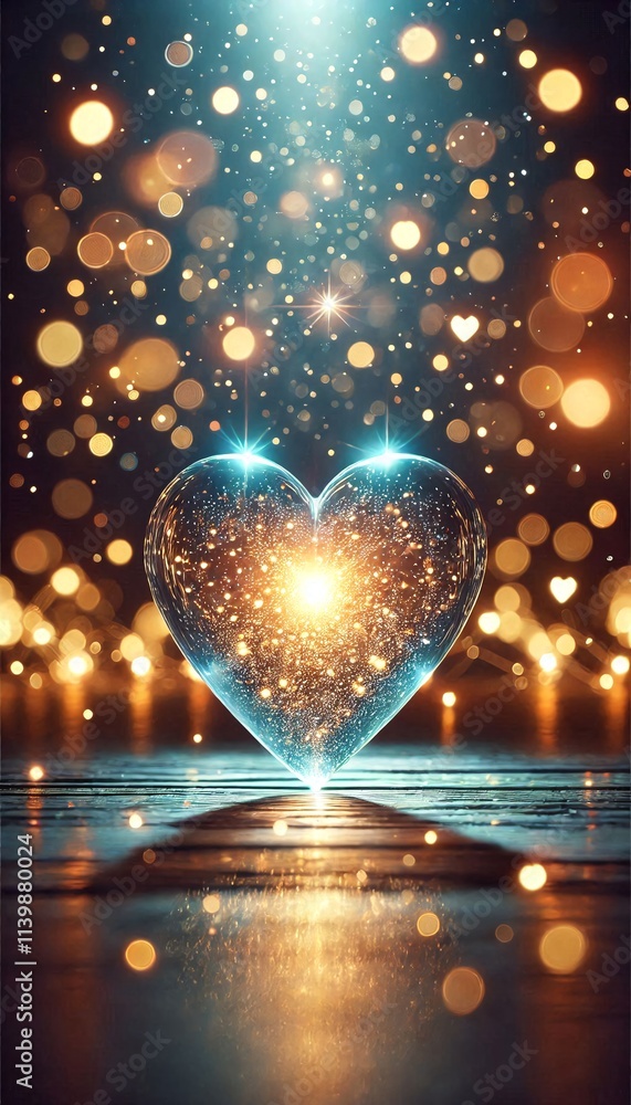 Poster glowing glass heart with inner light, bokeh background