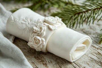 White napkin ring, floral design, fabric, wood background.