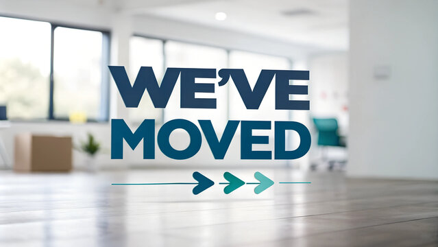 Banner with "We've Moved" text and directional arrows