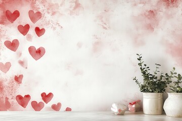A soft, romantic backdrop featuring watercolor hearts and a potted plant, perfect for Valentine's Day or love-themed decor.