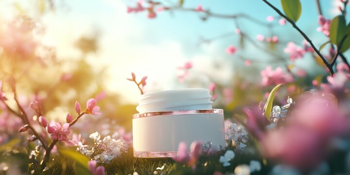 A white bottle of lotion is sitting on a bed of pink flowers. Concept of relaxation and rejuvenation, as the lotion is often associated with self-care and pampering