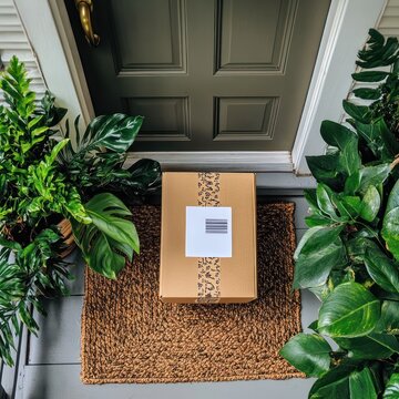 Top photo of package box in front of door with shipping label