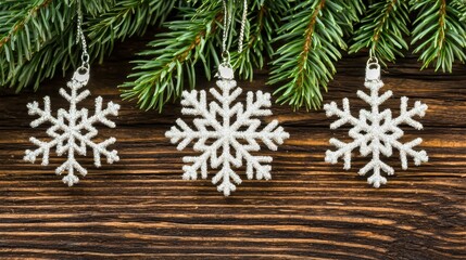 Sparkling Christmas Snowflakes Hanging on Pine Tree Branches
