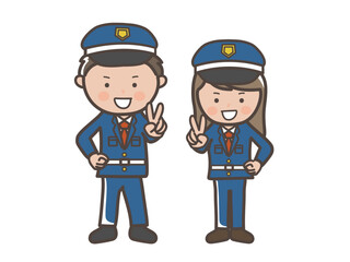 笑顔でピースをする男女警備員の全身イラスト