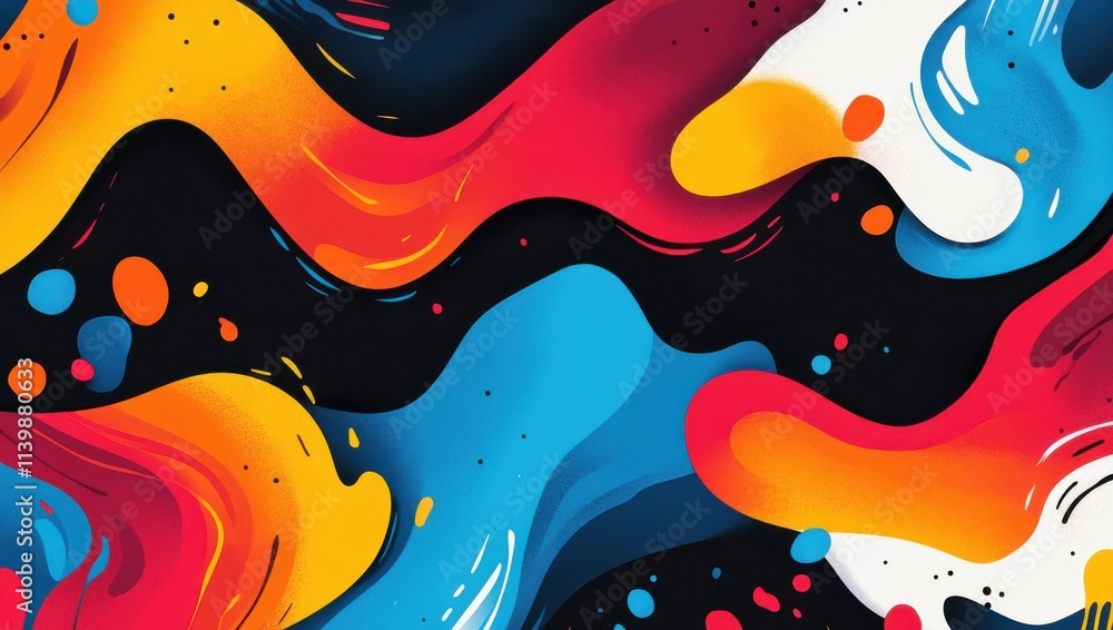 Poster a vibrant abstract pattern featuring flowing waves of red, orange, blue, and white on a black backgr