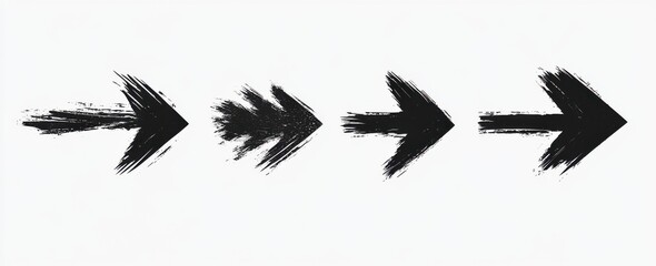 Obraz premium A series of bold, brush-stroke style arrows pointing to the right on a white background, symbolizing direction and movement.
