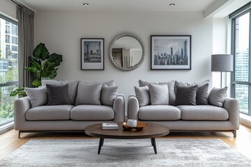 Modern style living room with grey fabric sofa and love seat, black legs, silver framed mirror, coffee table, rug, lamp, and wall art.