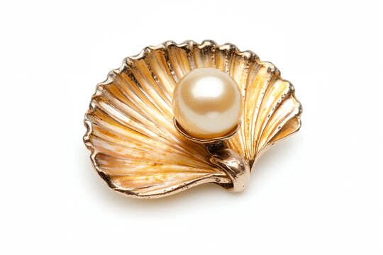 A gold and white shell brooch with a pearl on top
