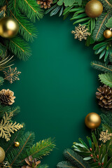 Fototapeta premium A green background with pine branches and gold ornaments