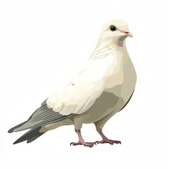 Fototapeta premium A white pigeon is standing on a white background. The bird is looking at the camera