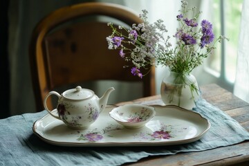 Fototapeta premium Floral teapot, dish, tray, flowers, rustic setting.
