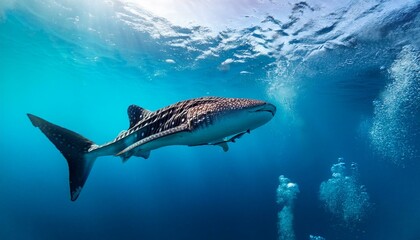 Fototapeta premium Whale shark swimming in turquoise tropical water. deep