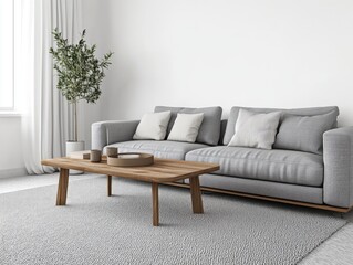 Modern minimalist living room featuring a grey sofa and wooden coffee table