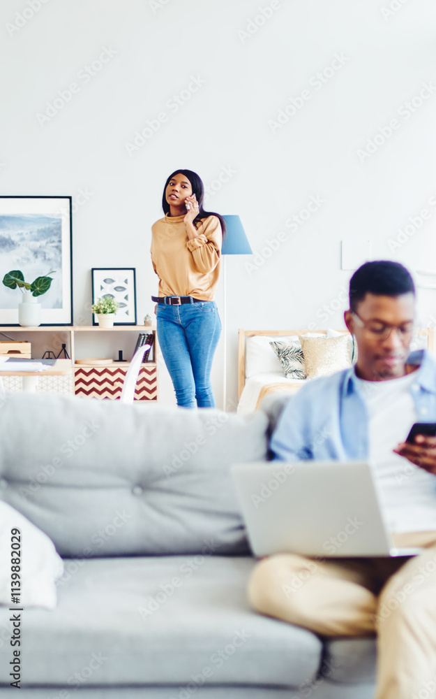Poster selective focus on attractive woman calling to customer service for communicate and consultancy whil