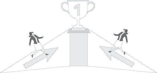 Two businesswomen fighting for the trophy in a ready-to-run pose under the podium of the championship trophy, competition for honor and championship, business competition and personal strength