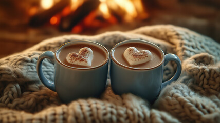 Two mugs of hot cocoa with heart-shaped marshmallows, nestled together on a white blanket