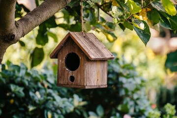 Wooden birdhouse hangs tree, green foliage background.
