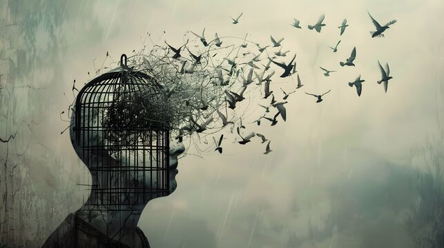 A person trapped in a cage with birds flying out of their head. The image suggests mental freedom or the feeling of being caged in.