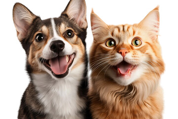 happy corgi and ginger cat on white background