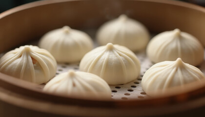 Steamed traditional Chinese sweets with fluffy buns in a bamboo steamer