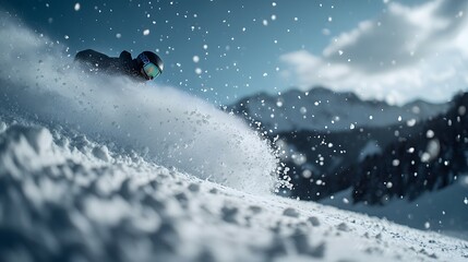 Naklejka premium Dynamic Snowboarder in Action Captured Up Close, Showcasing the Thrill and Excitement of Winter Sports Amidst a Scenic Mountain Background