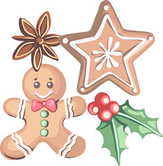 Merry Christmas! Happy New Year - composition of cute cartoon elements (gingerbread, candy, fir branches) on transparent background. Flat digital illustration for posters, advertising