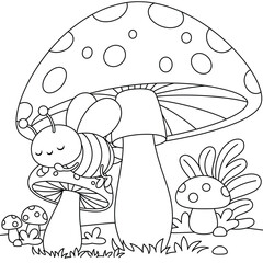 Cute kawaii cartoon character bee sleeping on the mushroom coloring page for kids