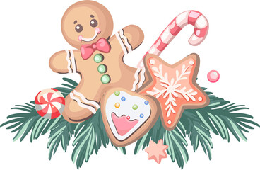 Merry Christmas! Happy New Year - composition of cute cartoon elements (gingerbread, candy, fir branches) on transparent background. Flat digital illustration for posters, advertising