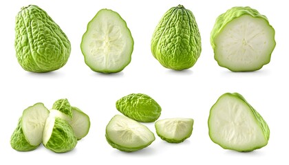 A set of Chayote isolated on a white background. It includes whole,halved and slice, all with full depth of field. --ar 7:4