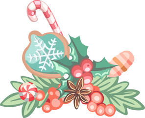 Merry Christmas! Happy New Year - composition of cute cartoon elements (gingerbread, candy, fir branches) on transparent background. Flat digital illustration for posters, advertising