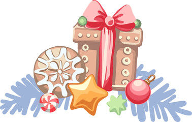 Merry Christmas! Happy New Year - composition of cute cartoon elements (gingerbread, candy, fir branches) on transparent background. Flat digital illustration for posters, advertising