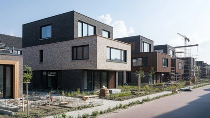 Modern Brick Homes Under Construction On Sunny Day