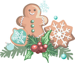 Merry Christmas! Happy New Year - composition of cute cartoon elements (gingerbread, candy, fir branches) on transparent background. Flat digital illustration for posters, advertising