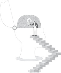 Businessman holding magnifying glass to observe open head, mental and mental illness examination, exploration and analysis of creative ideas