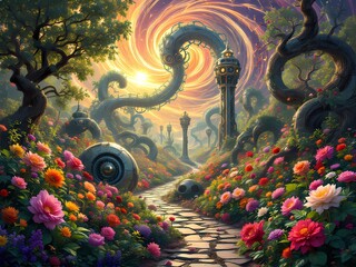 Time-Warped Garden: A Surreal Blend of Past, Present, and Future Blooms