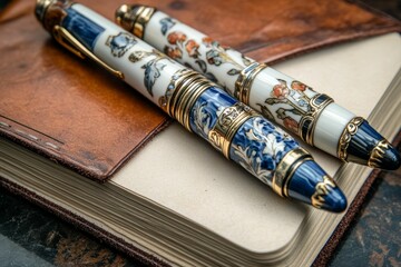 Ornate pens rest on leather-bound book.