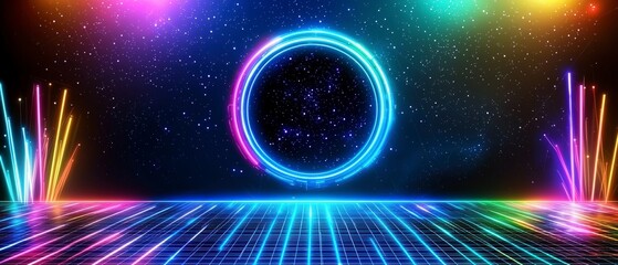 Obraz premium Retro Futuristic Synthwave Background Neon Portal 80s Style