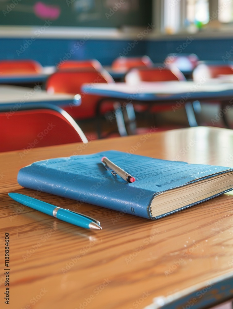 Leinwandbilder Notebook and pen resting on a desk in a modern classroom filled with bright orange chairs during a sunny day. Generative AI