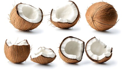 A set of Coconut isolated on a white background. It includes whole,halved and slice, all with full depth of field. --ar 7:4