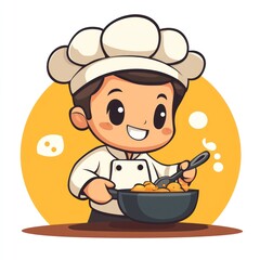 Happy cartoon chef cooking food in a pan.