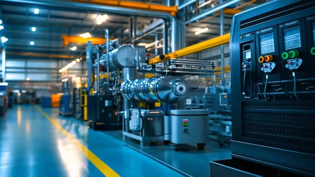 A large industrial air compressor surrounded by labeled safety equipment and maintenance tools, all arranged neatly in a modern factory environment.