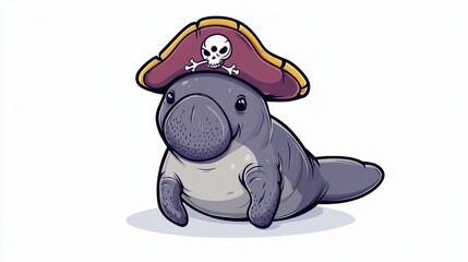 Naklejka premium A cartoon manatee wearing a pirate hat with a skull and crossbones.