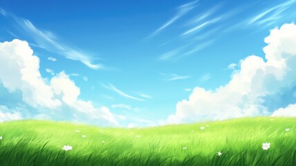 Expansive rolling grass hills under blue sky nature landscape serenity environment outdoor viewpoint